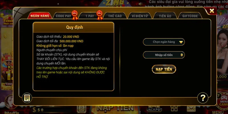 Nạp tiền tại cổng game Zing88 với đa dạng hình thức giao dịch